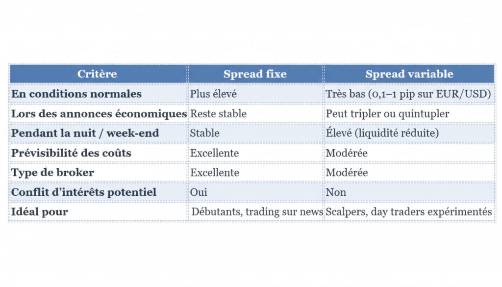 tableau comparatif des conditions de spread sur le trading forex